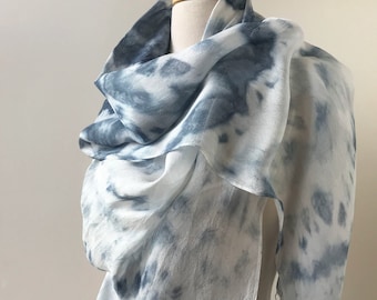 Artist Made Hand Dyed Scarf with Fringe, Natural Dyes, Silk Rayon, Indigo Blue, White, Lightweight, Summer, Women, Gift for Her, Textile Art