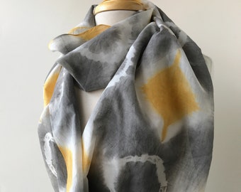 Artist Made Resist Dyed Art Scarf, Handmade, Natural Dyes, Charcoal Gray, White, Yellow, Silk, Cotton, Unique, Textile Art, Gift for Her