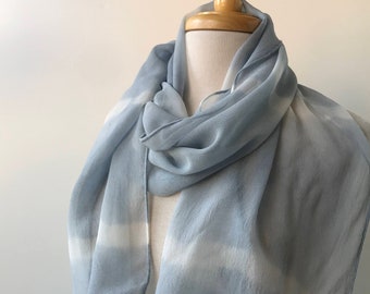 SAMPLE SALE Artist Made Hand Dyed Lightweight Silk Scarf, Natural Dyes, Light Indigo Blue and White, Women, Gift for Her, Cool, Soft, Summer
