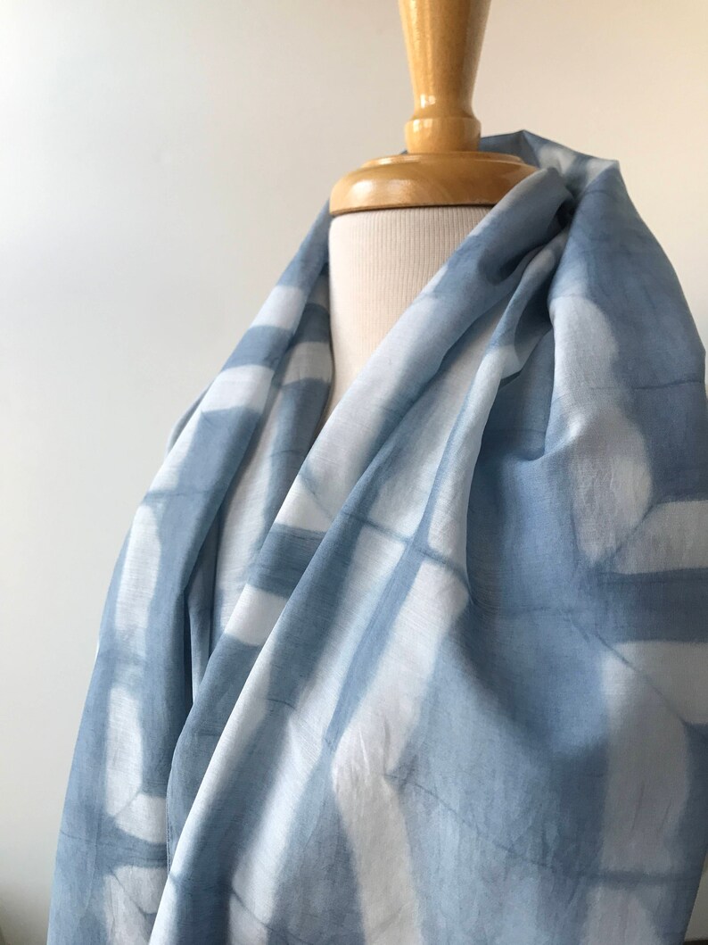 Oversized Textile Art Cotton and Silk Wrap, Hand Dyed in Resist Dye Technique w Natural Dyes, Indigo Blue, White, Scarf, Shawl, Large image 4