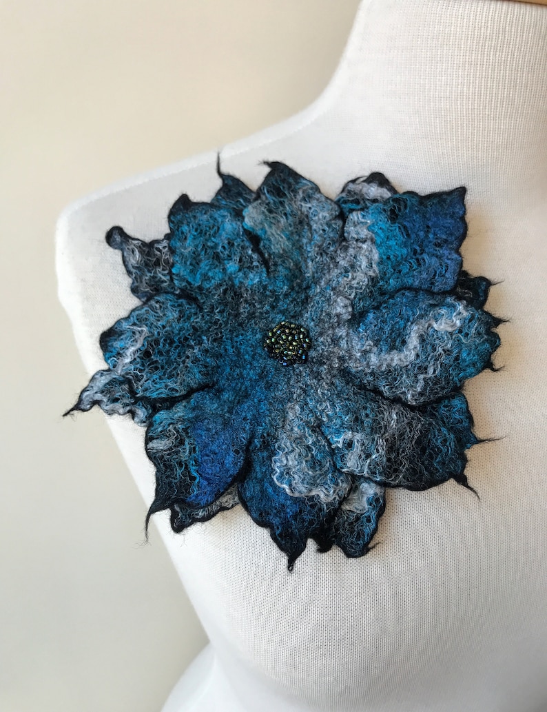 Blue Merino Wool Flower Shape Turquoise Silk Statement Jewelry Gift Hand Beaded Black Fiber Art Brooch  Pin Hand Felted Accessory
