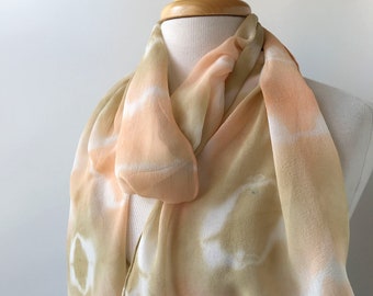 SAMPLE SALE Artist Made Hand Dyed Lightweight Silk Scarf, Natural Dyes, Soft Green, Soft Orange, Women, Gift for Her, Earth Tones, Summer