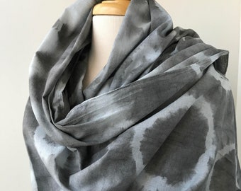 Artist Made Textile Art Cotton Scarf, Hand Dyed with Natural Dyes, Charcoal Grey, Light Blue, Women, Gift for Her, Elegant Tie Dye, Organic