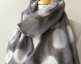 Unique Hand Dyed Art Scarf, Natural Dyes, Gray and White, Gender Neutral Gift, Handmade, Textile Art, Slow Fashion, Artist Made, Special