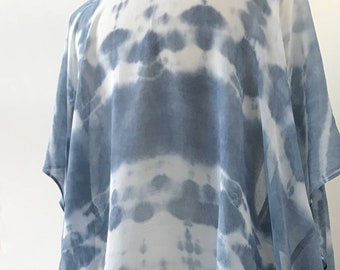 SAMPLE SALE Artist Made Lightweight Jacket Top, Short Sleeves, Open, Hand Dyed, Natural Dyes, Silk Chiffon, Indigo Blue, White, Lounge Wear