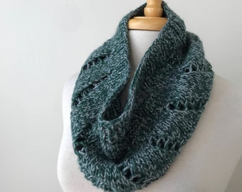 Silk and Merino Wool Hand Knit Cowl Scarf, Emerald Green and Gray, Warm, Natural, Neckwarmer, Gender Neutral, Forest, Woodland, Snood