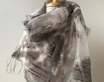 Naturally Dyed Shibori Scarf with Fringe, Silk and Cotton Scarf, Taupe and Ivory, Handmade Scarf, Women, Gift for Her, Textile Art, Abstract