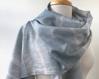 SAMPLE SALE Handmade Resist Dyed Art Scarf, Silk and Cotton, Hand Dyed with Natural Dyes, Soft Blue, Textile Art, Slow Fashion, Women
