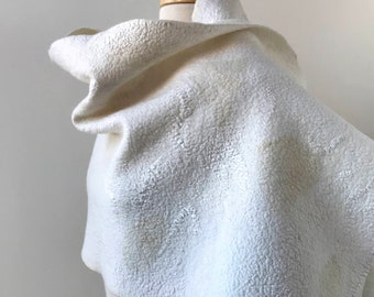 One of A Kind Textile Art Wrap, Hand Felted Shawl, Merino Wool, Silk, Antique Lace, White, Ivory, Cream, Wedding, Bride, Scarf, Women