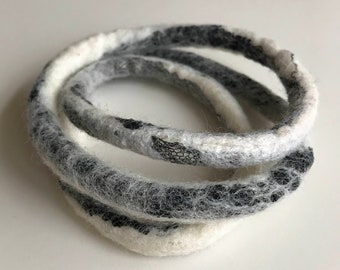 One of a Kind Fiber Art Layered Bangle Bracelet, Hand Felted, Undyed Natural Wool and Antique Lace, Black and White, Jewelry, Art,