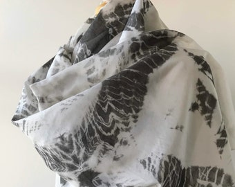 Large Textile Art Silk and Cotton Wrap, Charcoal Gray, White, Hand Dyed in Shibori Technique with Natural Dyes, Scarf, Shawl, Oversized SALE