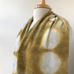 Artist Made Resist Dyed Velvet Scarf, Rayon and Silk, Olive Green and White, Hand Dyed with Natural Dyes, Women, Winter, Large, Autumn image 2