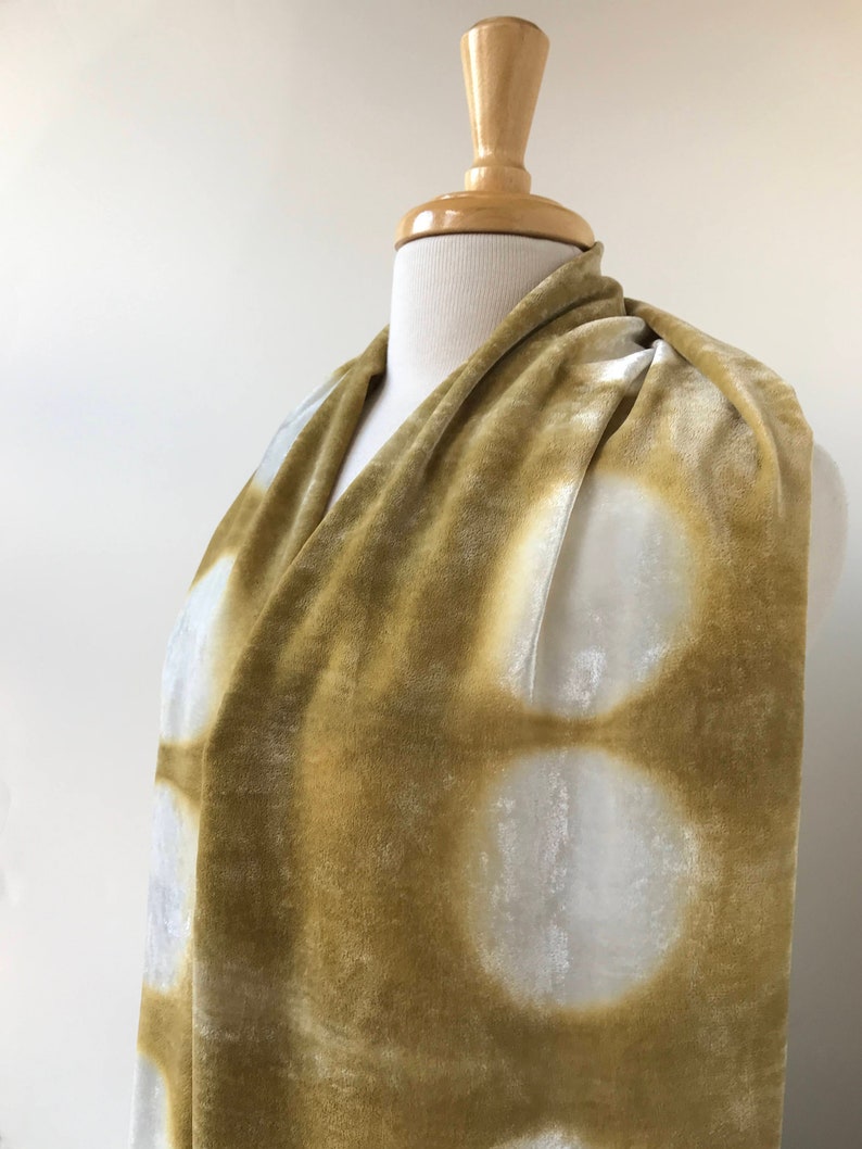 Artist Made Resist Dyed Velvet Scarf, Rayon and Silk, Olive Green and White, Hand Dyed with Natural Dyes, Women, Winter, Large, Autumn image 2