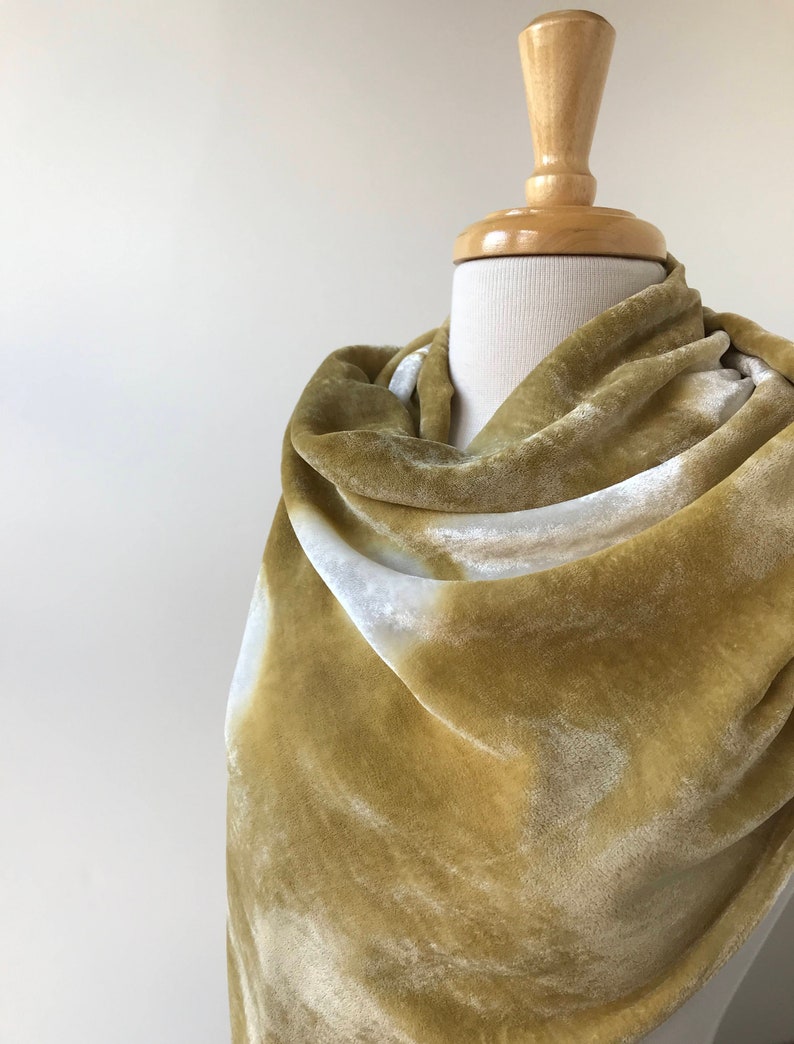 Artist Made Resist Dyed Velvet Scarf, Rayon and Silk, Olive Green and White, Hand Dyed with Natural Dyes, Women, Winter, Large, Autumn image 6
