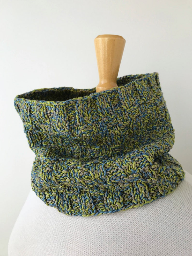 Hand Knit Cowl Scarf, Silk, Cotton, and Paper Blend Yarn, Green and Blue, Infinity, Circle, Neckwarmer, Natural, Neck Loop, Handmade, image 1