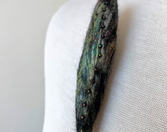 Fiber Art Brooch Pin, Hand Felted, Merino Wool, Silk, Nature Inspired, Green, Black, Statement Jewelry, Artist, Gift for Her, Mother's Day