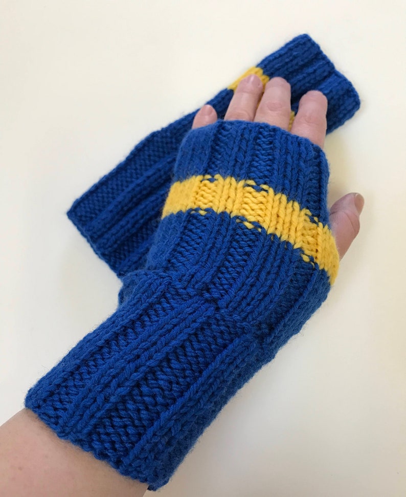 BENEFIT FOR UKRAINE Hand Knit Fingerless Gloves, Blue and Yellow, Gauntlets, Mitts, Mittens, Handmade, Men, Women, Gender Neutral, Gift image 2