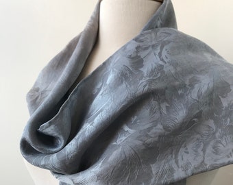 SAMPLE SALE Silk Jacquard Ombre Hand Dyed Scarf, Botanical, Floral, Natural Dyes, Silver Gray, Slim, Women, Gift, Narrow, Light, Soft