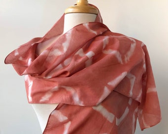 Modern Tie-Dye Art Scarf, Hand Dyed, Natural Dyes, Light Red and White, Silk, Cotton, Unique Gift, Textile Art, Slow Fashion New York Made