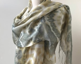 Shibori Scarf with Fringe, Natural Dyes, Silk and Rayon, Green, Blue, White, Handmade, Women, Gift for Her, Artwear, Textile Art, Earthy