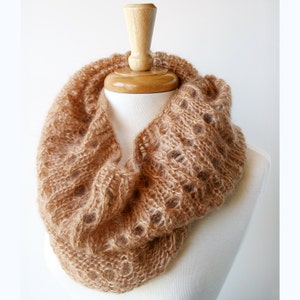 Hand Knit Mohair Silk Infinity Scarf, Caramel Beige Cowl
