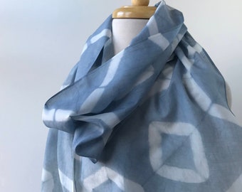 SAMPLE SALE Artist Made Cotton and Silk Art Scarf, Hand Dyed, Natural Dyes, Indigo Blue, White, Gift Under 100, All Season, Women, Men