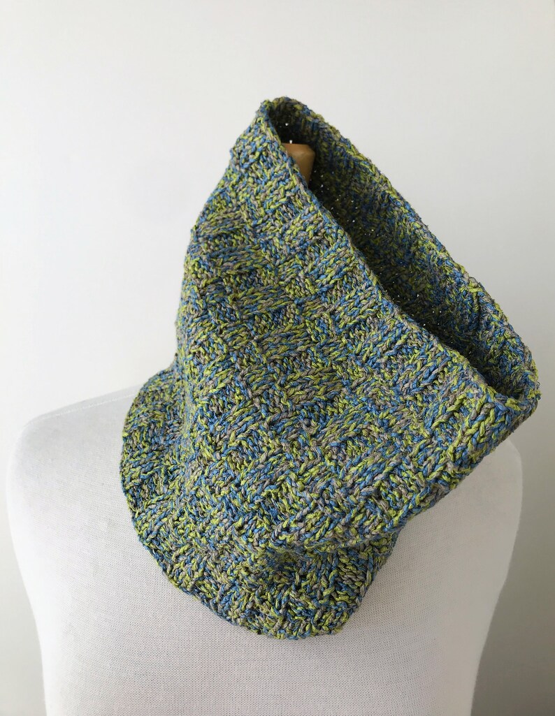 Hand Knit Cowl Scarf, Silk, Cotton, and Paper Blend Yarn, Green and Blue, Infinity, Circle, Neckwarmer, Natural, Neck Loop, Handmade, image 5