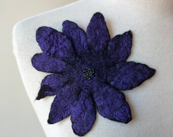 Fiber Art Brooch / Pin, Hand Felted and Hand Beaded, Flower, Merino Wool, Silk, Purple Plum, Statement Jewelry, Accessory, Gift for Her