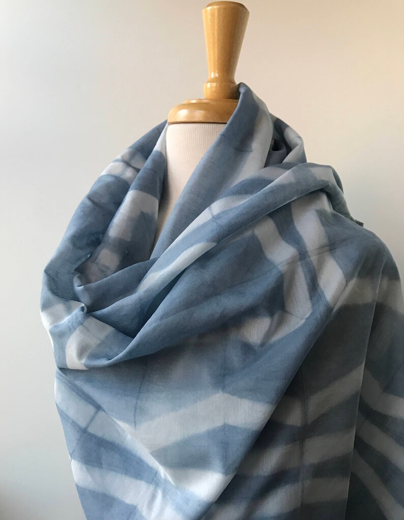 Oversized Textile Art Cotton and Silk Wrap, Hand Dyed in Resist Dye Technique w Natural Dyes, Indigo Blue, White, Scarf, Shawl, Large image 3