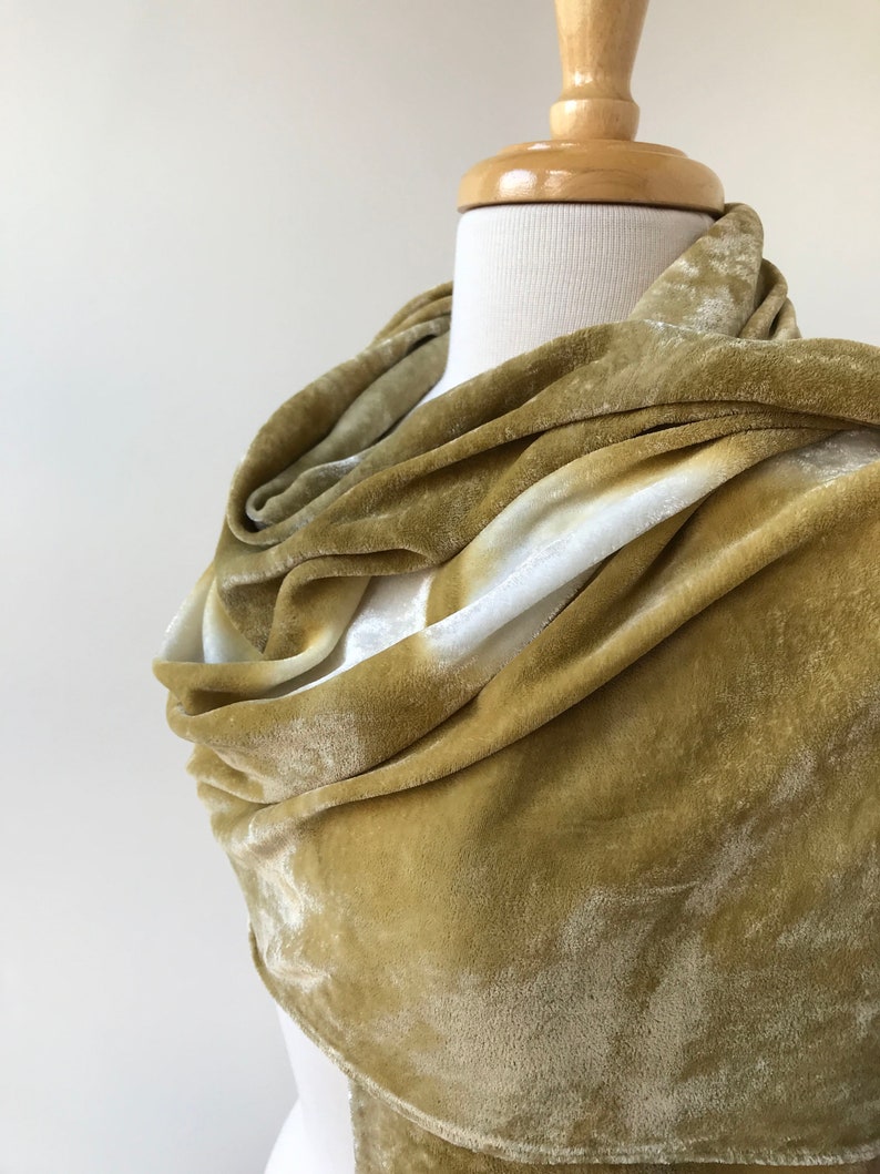 Artist Made Resist Dyed Velvet Scarf, Rayon and Silk, Olive Green and White, Hand Dyed with Natural Dyes, Women, Winter, Large, Autumn image 5