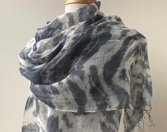 Artist Made Lightweight Tie Dye Scarf with Fringe, Silk and Rayon, Indigo Blue, Gray, White, Handmade, Summer, Gift for Her, Textile Art
