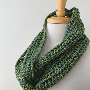 Hand Knit Cowl Scarf, Silk, Cotton, and Paper Blend Yarn, Green and Blue, Infinity, Circle, Neckwarmer, Natural, Neck Loop, Handmade,