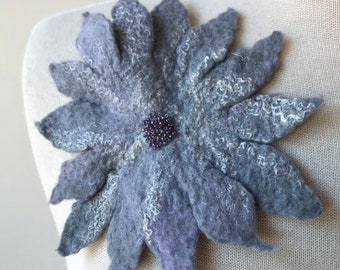 Fiber Art Brooch / Pin, Hand Felted, Hand Beaded, Flower, Merino Wool, Silk, Gray, Iridescent Beads, Statement Jewelry, Winter, Gift for Her