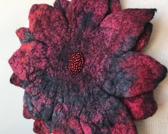 Fiber Art Brooch / Pin, Hand Felted, Hand Beaded, Flower, Merino Wool, Silk, Red, Black, Statement Jewelry, Gift for Her, Made in New York