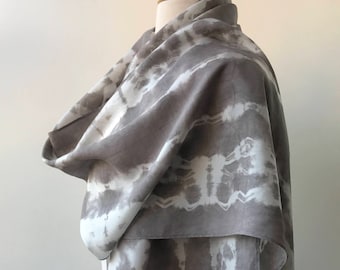 Artist Made Textile Art Silk Scarf, Hand Dyed with Natural Dyes, Gray and White, Women, Gift for Her, Elegant, Abstract, Handmade, Artwear