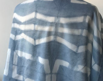 Oversized Textile Art Cotton and Silk Wrap, Hand Dyed in Resist Dye Technique w Natural Dyes, Indigo Blue, White, Scarf, Shawl, Large