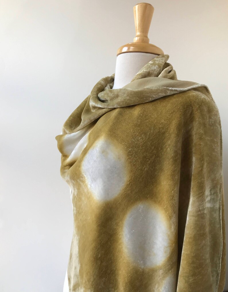 Artist Made Resist Dyed Velvet Scarf, Rayon and Silk, Olive Green and White, Hand Dyed with Natural Dyes, Women, Winter, Large, Autumn image 4