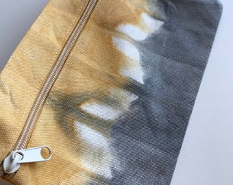 Natural Dye Tie Dyed Zipper Pouch / Purse, Cotton Canvas, Charcoal Gray, Yellow, Makeup, Travel, Bag, Handmade, Artist Made, Compact