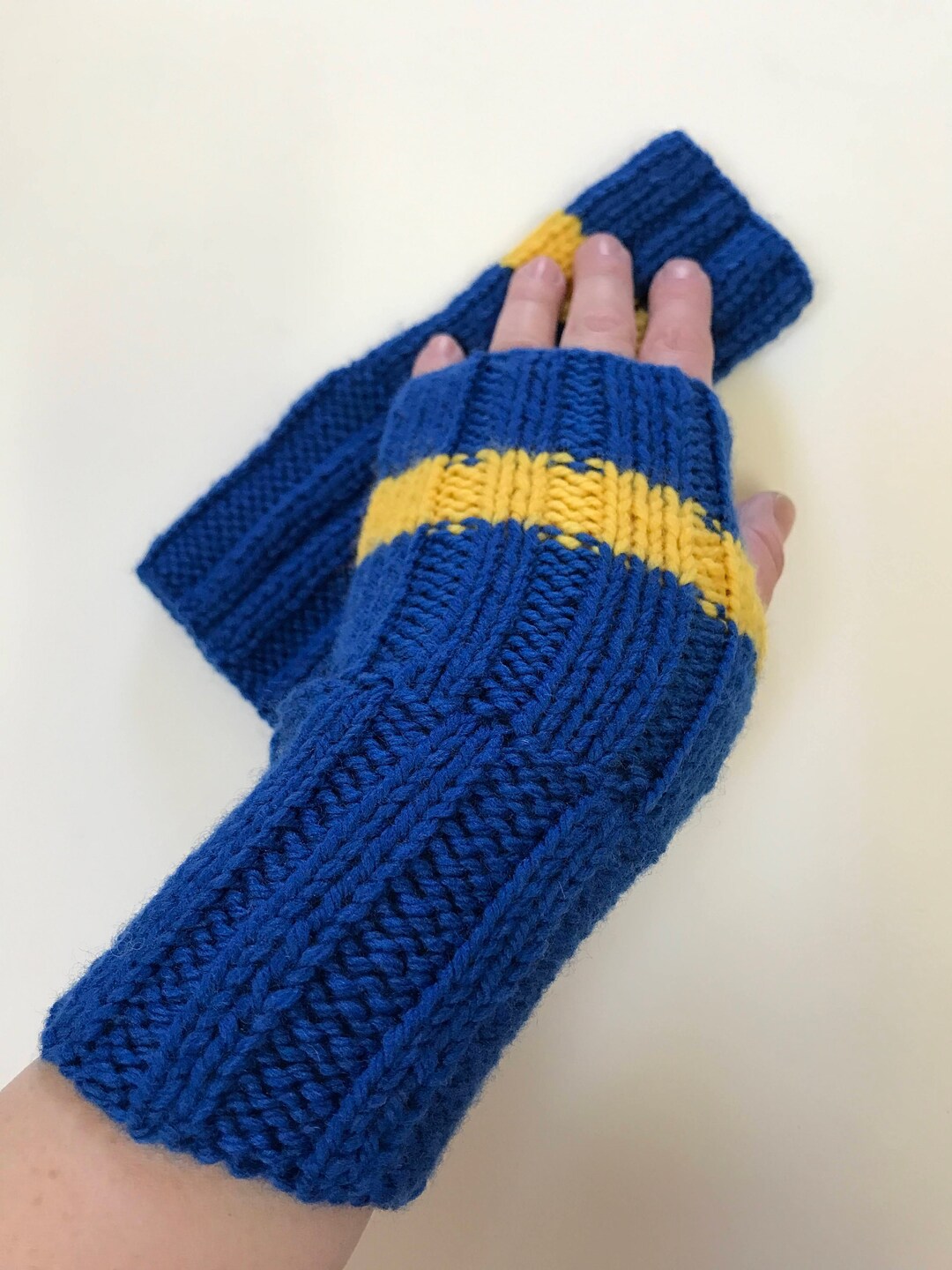 BENEFIT FOR UKRAINE Hand Knit Fingerless Gloves, Blue and Yellow