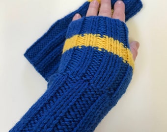 BENEFIT FOR UKRAINE Hand Knit Fingerless Gloves, Blue and Yellow, Gauntlets, Mitts, Mittens, Handmade, Men, Women, Gender Neutral, Gift