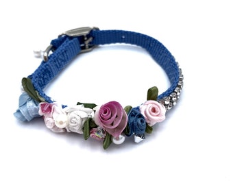 DOG Collar/ Bridal/ Fancy/ baby blue embellishments /  swarovski crystals /  hand stitched / durable.