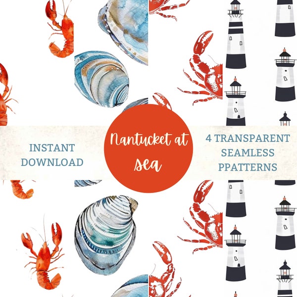 Digital prints, papers, transparent, towel, shower curtain, wall, crab, lobster, clam, lighthouse, nantucket, ocean, shore, blue, red, sea,