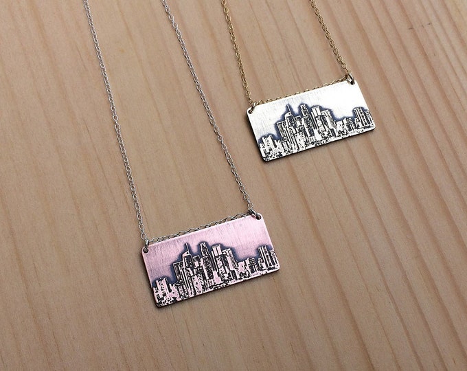 Los Angeles California Skyline Necklace, LA Skyline Pendant in Sterling Silver, Brass or Copper