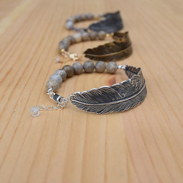 silver feather bracelet with fossilized coral gemstone beads | gold feather bracelet | gunmetal feather bracelet | gift for her