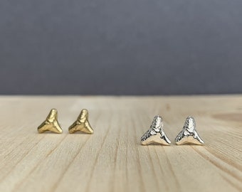 Shark Tooth Earrings, Shark Tooth Studs, Sterling Silver or Brass, Everyday Earrings