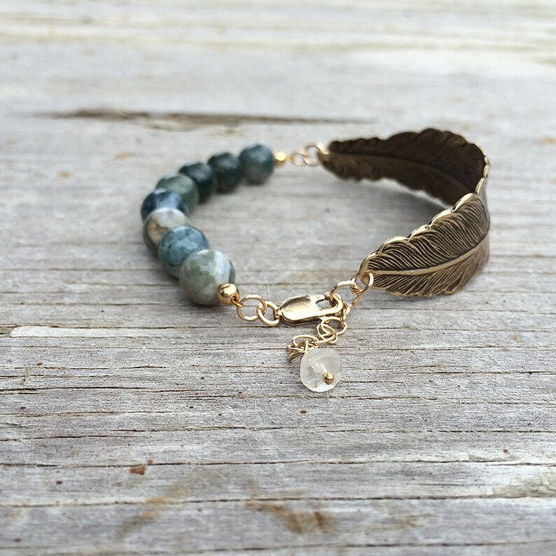 Silver Feather Bracelet With Gemstone Beads Gold Feather Etsy