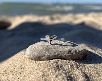 Shark Tooth Ring, Sterling Silver or Brass, Delicate Hammered Band