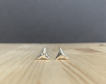 Shark Tooth Earrings, Shark Tooth Studs, Sterling Silver or Brass, Everyday Earrings
