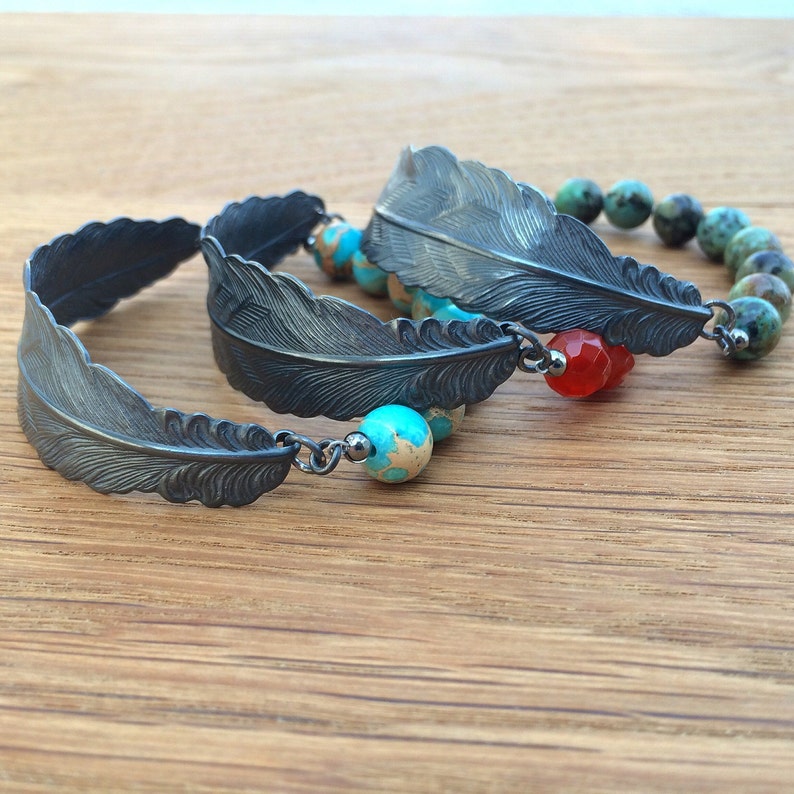 Silver Feather Bracelet With Gemstone Beads Gold Feather Etsy
