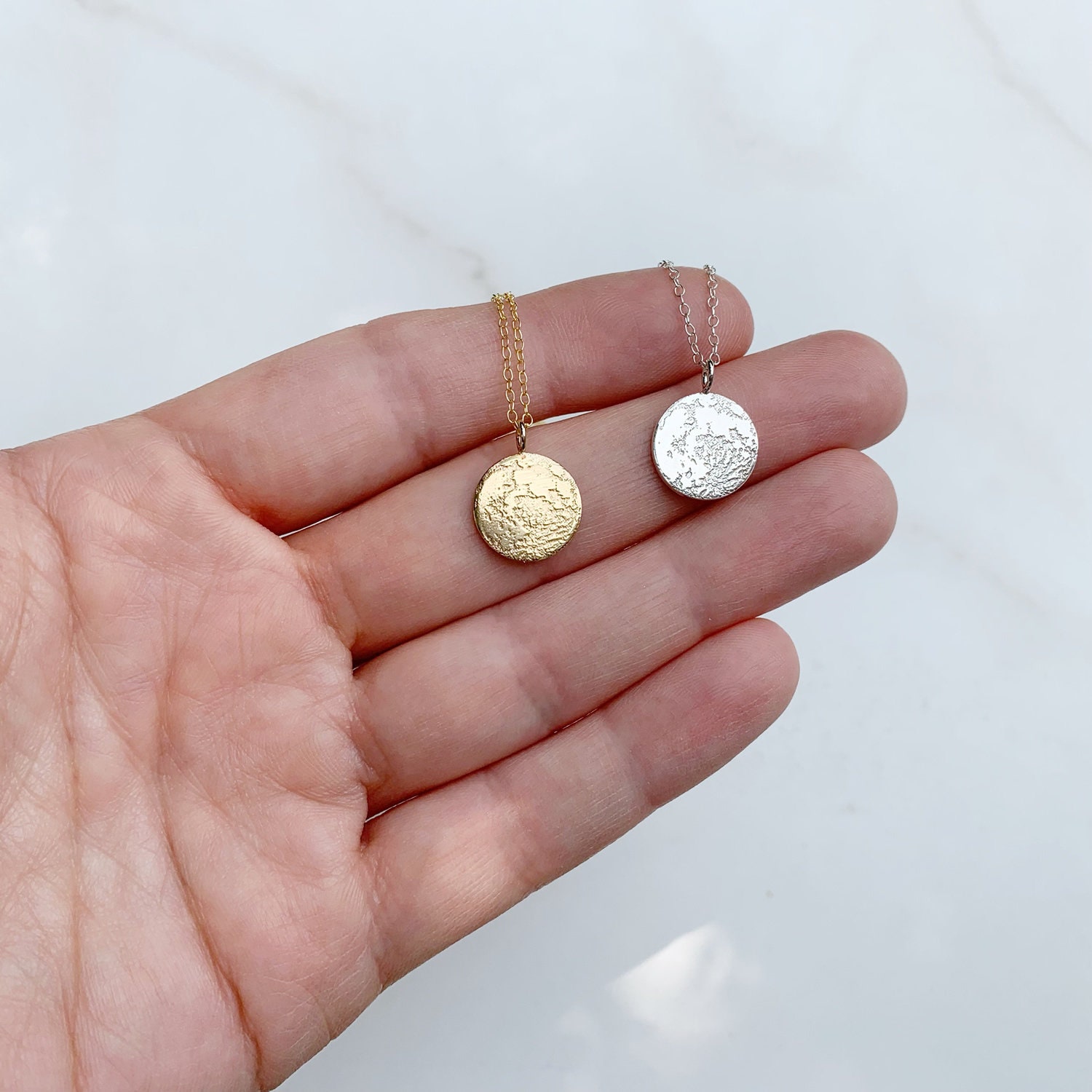 Tiny Full Moon Necklace in Sterling Silver or Gold Vermeil, Silver or Gold Moon Pendant, Gift For Her